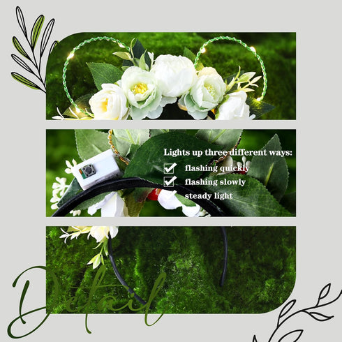 White Rose Flower Light Up Mouse Ear Headband, Floral Headwear for Women Girls, Wedding Party Costume