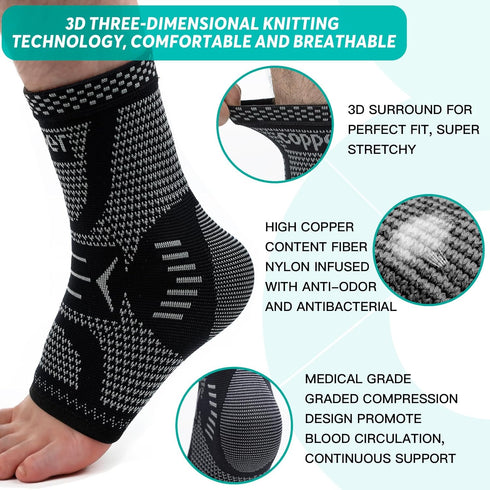 INDEEMAX Ankle Brace Compression Sleeve, Copper Infused Support for Sprained Ankle, Plantar Fasciitis, Sliver Black, M
