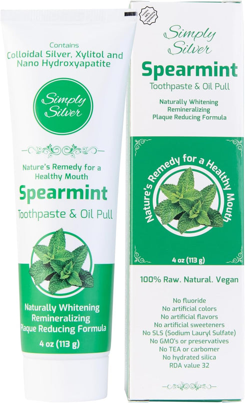 Simply Silver Toothpaste Spearmint - Natural Toothpaste with Nano Hydroxyapatite & Colloidal Silver, Fluoride Free