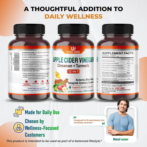 Immunity 150 Organic Apple Cider Vinegar Capsules Enhanced with Cinnamon, Turmeric - Ultra Supplement for Digestive