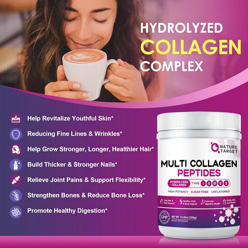 NATURE TARGET Multi Collagen Peptides Powder - Type I, II, III, V, X with Vitamin C, Hyaluronic Acid - 35 Servings