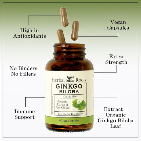 Herbal Roots Ginkgo Biloba - 1,400mg Organic Ginkgo Leaf per Serving, 60 Vegan Capsules