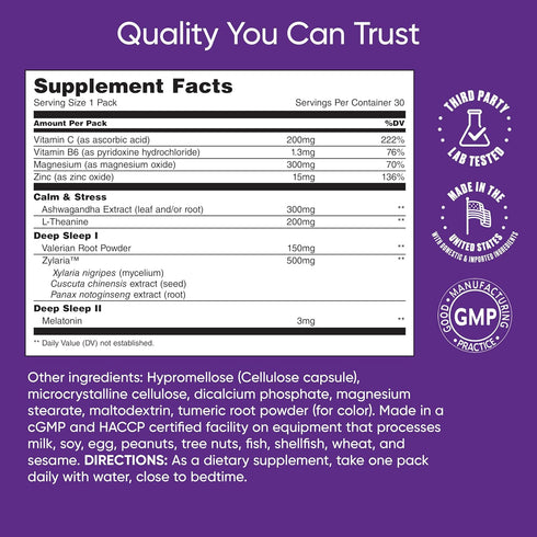 De-stress & Sleep Daily Multivitamin Supplement, 30 Pack with Relaxation, Sleep Onset, Vitamin C, B6, Magnesium,