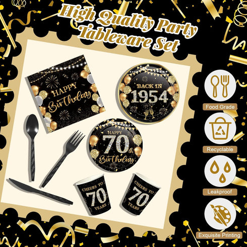 240 Pcs 70th Birthday Decorations, Birthday Party Tableware, Plates, Napkins, 9oz Cups for 30 Guests