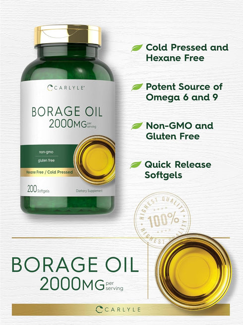 Carlyle Borage Oil Capsules, 2000mg, 200 Softgels, Cold Pressed Seed Oil Supplement