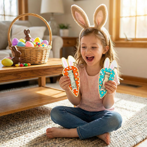 Set 2 LINHARA of Easter Money Holders for Cash, Bunny & Carrot Money Holder, Wooden Easter Bunny Money Holder for Kids