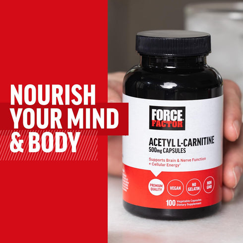 Force Factor Acetyl L-Carnitine Brain Supplement, 500mg Nerve Support & Cellular Energy Booster, Vegan, 100 Vegetable