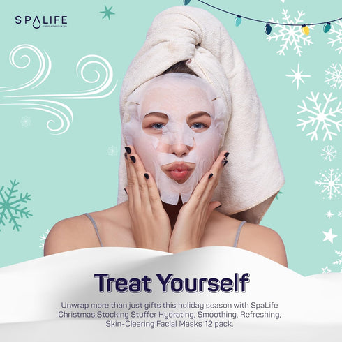 SpaLife Christmas Stocking Stuffer Facial Masks 12-Pack - Hydrating, Smoothing, and Refreshing Skin-Clearing Face Sheet Masks - Skincare Set for Moisturizing and Soothing Beauty