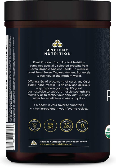 Ancient Nutrition Organic Plant Protein +, Vegan Protein Powder, Vanilla, 11.5 oz, Non-GMO, Gluten-Free