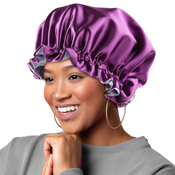 Satin Bonnet for Women, Large Adjustable Night Cap for Long Curly Hair, Double Layer Purple/Blue