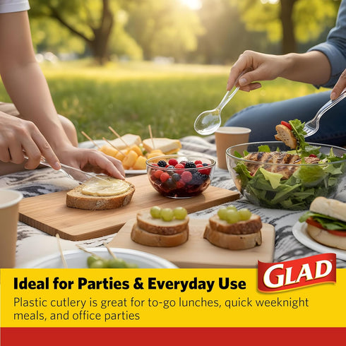Set 240 Count Glad Clear Disposable Cutlery with Heavy Duty Plastic Forks, Knives, and Spoons, Reusable Dishwasher Safe