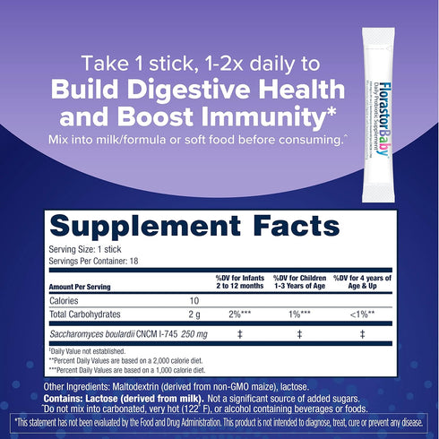 Florastor Baby Daily Probiotic Supplement, Powder Mixes with Milk or Soft Foods, 18 Powder Sticks