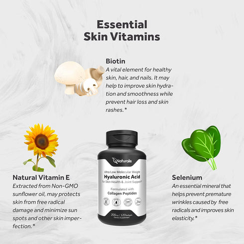 Naturalis Hyaluronic Acid 200mg, Ultra Low Molecular Weight with Collagen, Biotin, Selenium & Vitamin E for Hair, Skin,