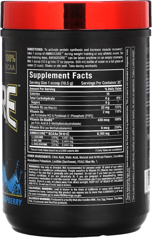 AMINOCORE BCAA – 8G BCAAs – 100% Pure Branch Chained Amino Acids – Gluten Free - Blue Raspberry - 315 Gram
