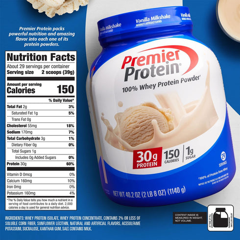 Premier Protein Protein Powder, 30g Protein, Vanilla Milkshake, 1g Sugar, 29 Servings, Gluten Free