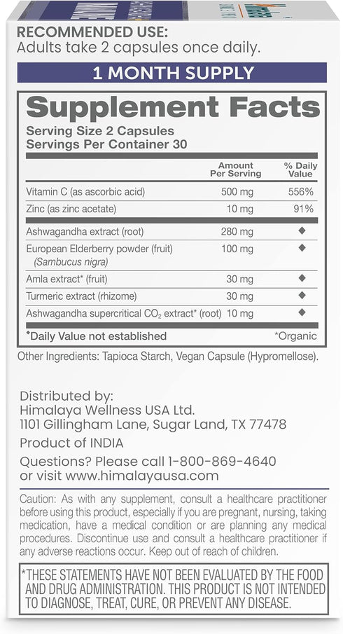 Himalaya Ashwagandha+ Immune with Ashwagandha, Elderberry, Zinc & Vitamin C for Active Immune Support, 60 Capsules, 1 Month Supply, Vegan, Gluten Free
