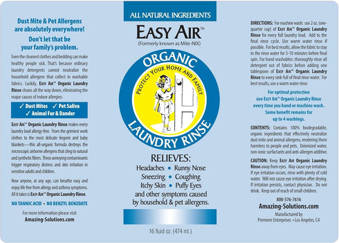 Easy Air Organic Allergy Relief Laundry Rinse 16-oz, Hypoallergenic & Fragrance Free, Eliminate Odors. Asthma & Allergy Safe for Babies & Pets - 16 Fl Oz