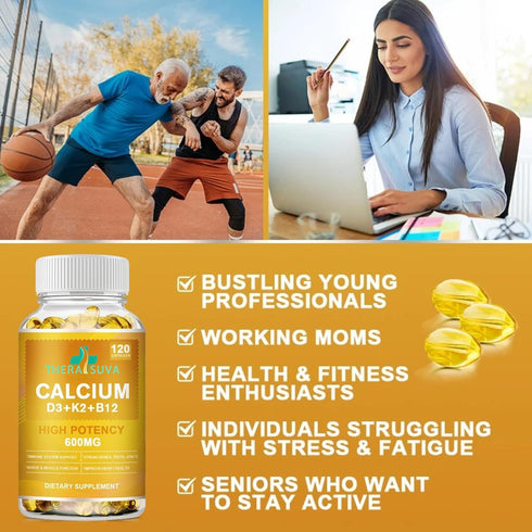 Extra Strength 4-in-1 Calcium + Vitamin D3 + K2 + B12 Supplement Complex for Bone and Immune Health, 120 Softgels, 60 Day Supply