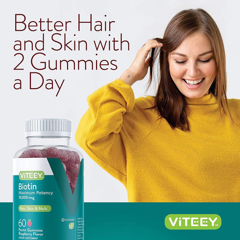Viteey Biotin Gummies for Hair Growth - 10,000 mcg Vegan, Gluten-Free, Non-GMO - 60 Count for Hair Skin and Nails