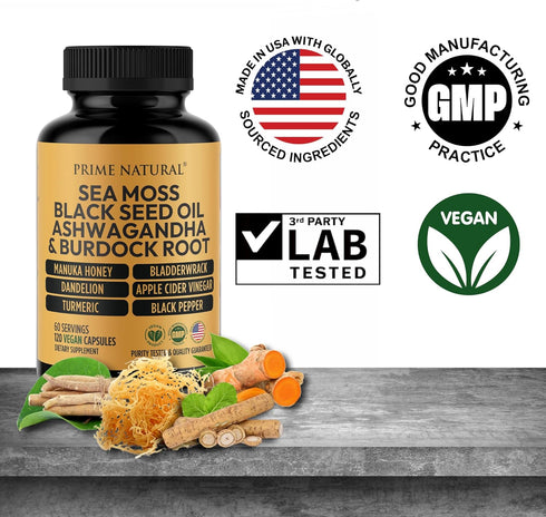 120 Capsules Sea Moss 3000mg, Black Seed Oil 2000mg, Ashwagandha 1000mg, Turmeric 1000mg, Vegan