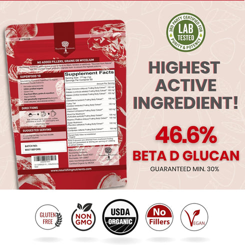 Organic Mushroom Powder Extract - Superfood 10 Supplement, 100% Pure USDA Immunity Booster, 60 Grams