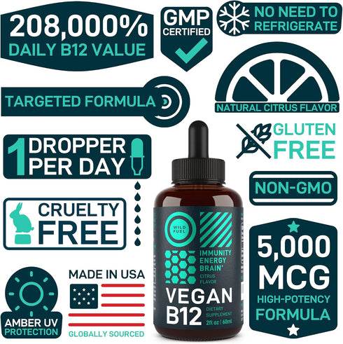 Vegan Vitamin B12 Liquid Drops - Fast-Acting 60 x 5000mcg Methylcobalamin Supplement - Energy, Memory, Mood Support -