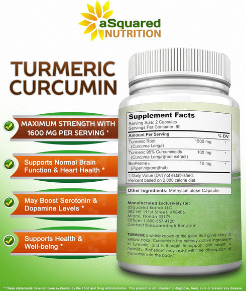 aSquared Nutrition Turmeric Curcumin - 1600mg with BioPerine, 180 Capsules for Joint Stiffness Relief