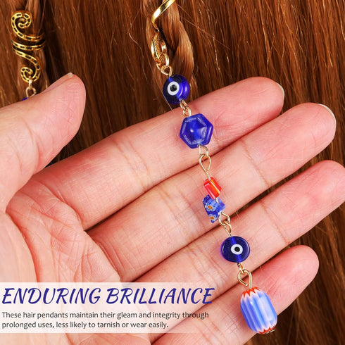 Holibanna 3pcs Hair Braid Rings, Blue Evil Eye Hair Jewelry Dreadlock Long Gold Metal Spiral Coil Beads