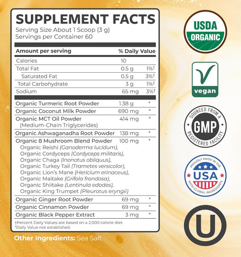 Immune (60 Golden Milk Powder Organic Blend - Adaptogenic Turmeric Latte with Ginger Ashwagandha & Mushroom Complex