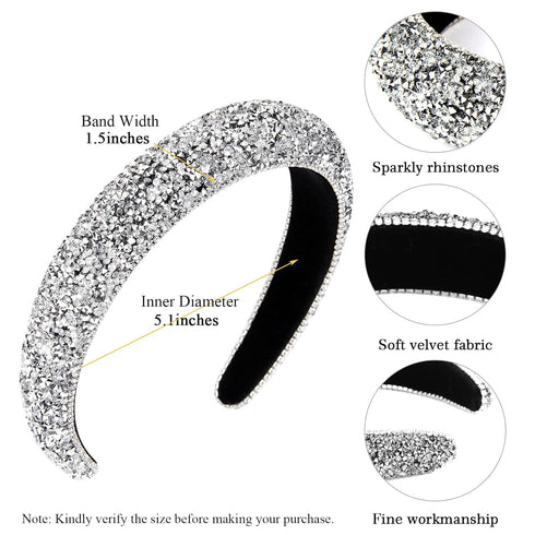Wecoe Rhinestone Diamond Bling Glitter Sparkle Silver Fashion Headbands, Thick Padded Hair Accessories for Women and