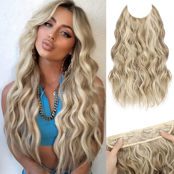 MORICA Invisible Wire Hair Extensions - 20 Inch Halo Long Wavy Synthetic Hairpiece for Women (Ash Blonde Mixed Light