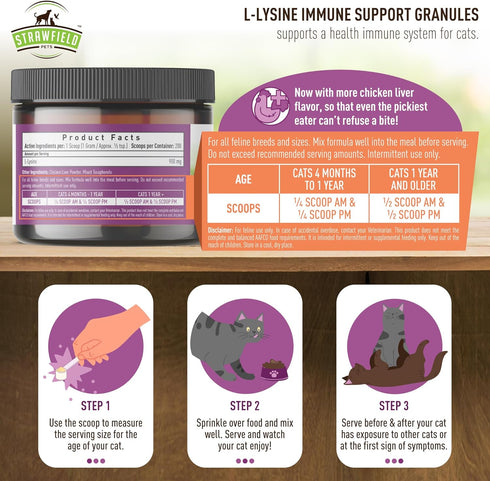 Strawfield Pets L-Lysine Immune Support for Cats & Kittens, 200g Chicken Liver Flavor Granules with Scoop