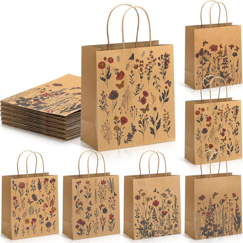 Kolldenn 24 Pcs Vintage Floral Wildflower Gift Bags Flower Kraft Paper Printed Candy