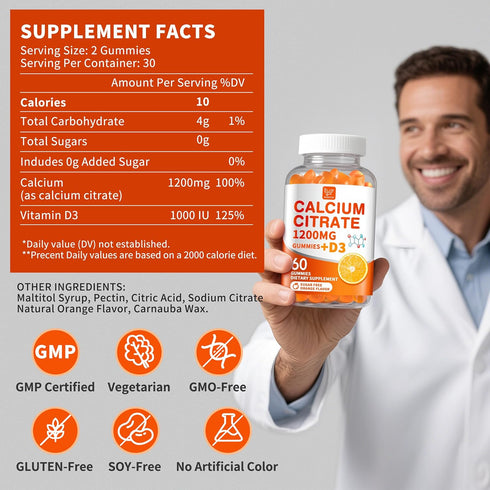 Hudetex (2 Pack) 1200 D3 Gummies Flavor,60 Calcium Citrate mg with Vitamin for Women & Men,Calcium Supplements for Bone