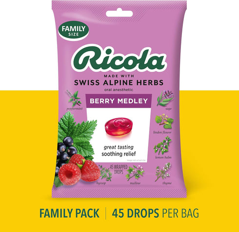 Ricola Berry Medley Throat Drops, 45 Count, Delicious Throat Relief & Care, Oral Anesthetic, Naturally Flavored