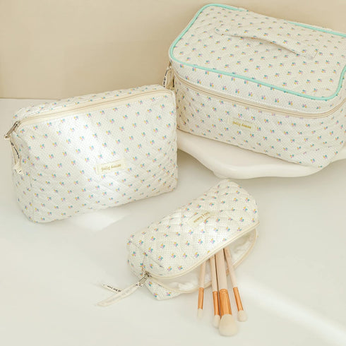 HBselect 3 PCS Quilted Makeup Bag, Large Travel Cotton Cosmetic Bag, Cute Floral Toiletry Bag for Women Girls