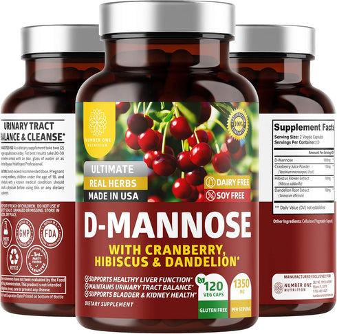 Number One Nutrition Premium D Mannose with Cranberry and Hibiscus, Max Strength 1350mg, 120 Capsules
