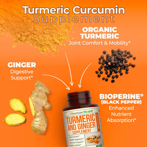 Turmeric Supplement with Ginger Root for Joint & Digestion Support, 60 Caps