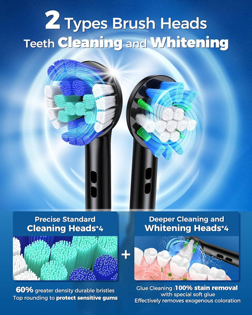 Rotating Electric Toothbrush for Adults with 8 Brush Heads (2 Types), 4 Modes, Rechargeable Power, 2 Min Smart Timer