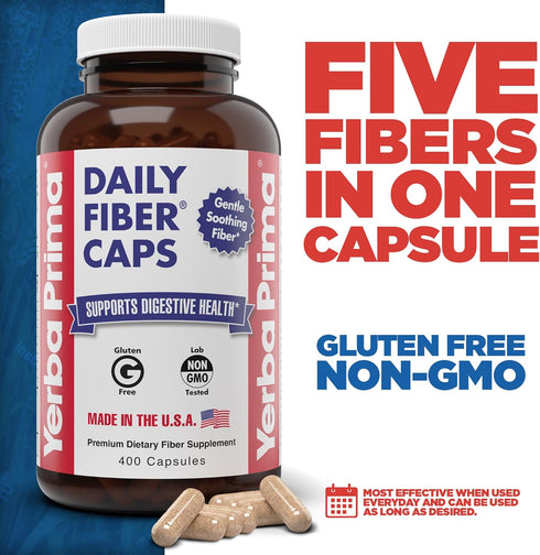 Yerba Prima Daily Fiber Caps Formula, 400 Capsules, Dietary Supplement with Psyllium Seed Husks