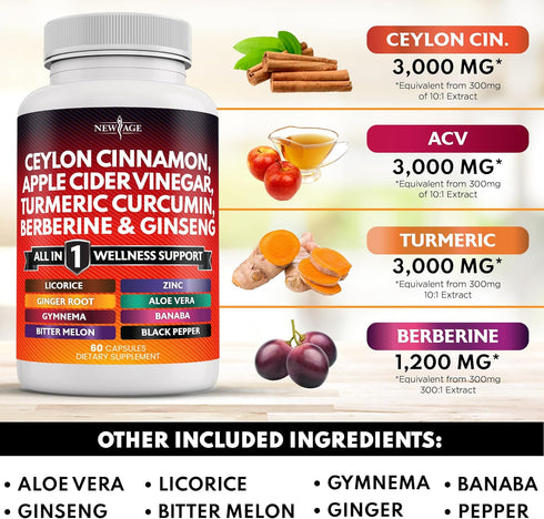 Ceylon Cinnamon 3000mg, Turmeric 3000mg, Apple Cider Vinegar 3000mg & More - 120 Count
