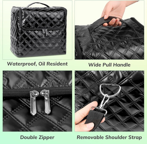 Travel Makeup Bag, Large Cosmetic Organizer with 4 Trays & Adjustable Dividers, Waterproof Makeup Train Case for Women,