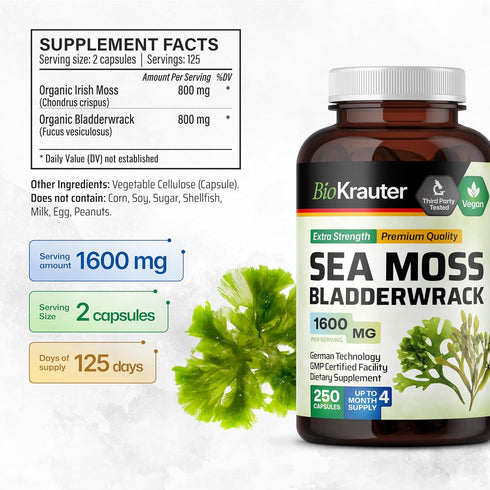 BIO KRAUTER Irish Sea Moss Capsules, 1600 mg - 250 Count - Vegan Bladderwrack with Chondrus Crispus