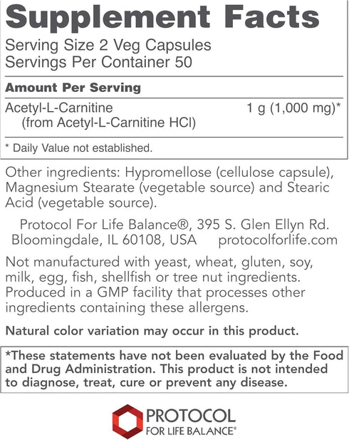Protocol Acetyl-L-Carnitine 500mg - Brain Pills for Energy, Brain & Mitochondrial Health* - Non-GMO, Vegan, 100 Veg Caps