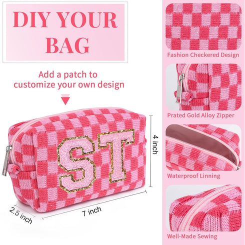 Checkered Makeup Bag, Preppy Bulk Pink Cosmetic Pouch, Personalize Travel Toiletry Organizer for Women