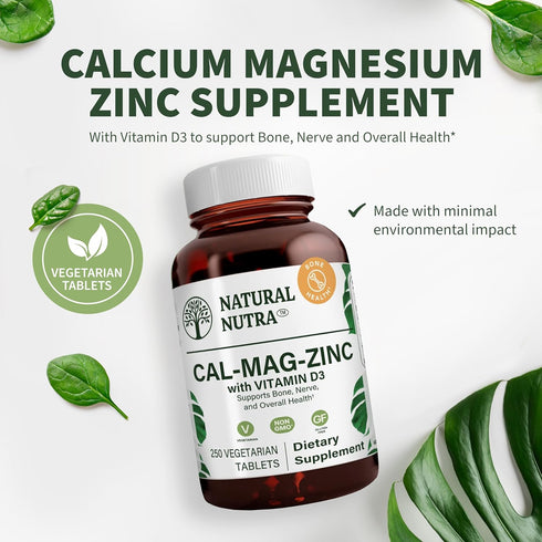 Calcium Magnesium Zinc Supplement with Vitamin D3 by Natural Nutra, 250 Count, Gluten Free and Sugar-Free