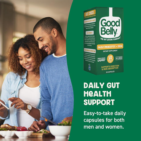 GoodBelly Probiotic Capsules for Digestive Health & Iron Absorption, Vegan Supplement with 10 Billion Cultures, 30