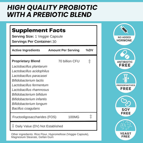 Probiotic Supplement 70 Billion CFU, 10 Strains, 30 Vegan Capsules