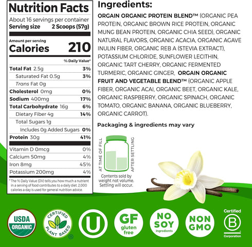 Orgain Organic 30g Vegan Protein Powder, Vanilla, 9g EAAs + BCAAs, 2.01lb (Packaging May Vary)
