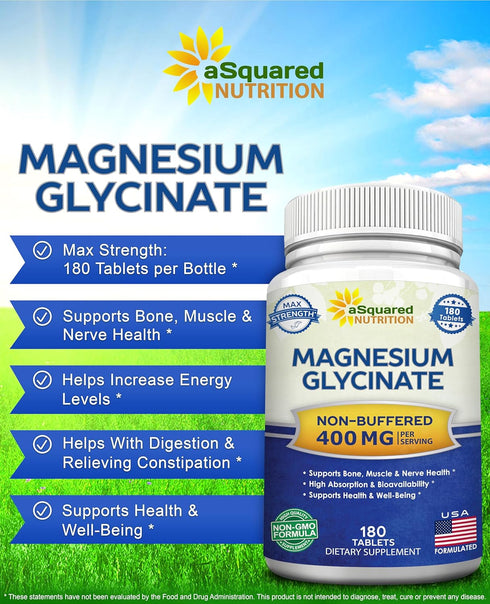 aSquared Nutrition Magnesium Glycinate 400mg - 180 Tablets, Max Strength Bisglycinate Supplement for Muscles & Heart